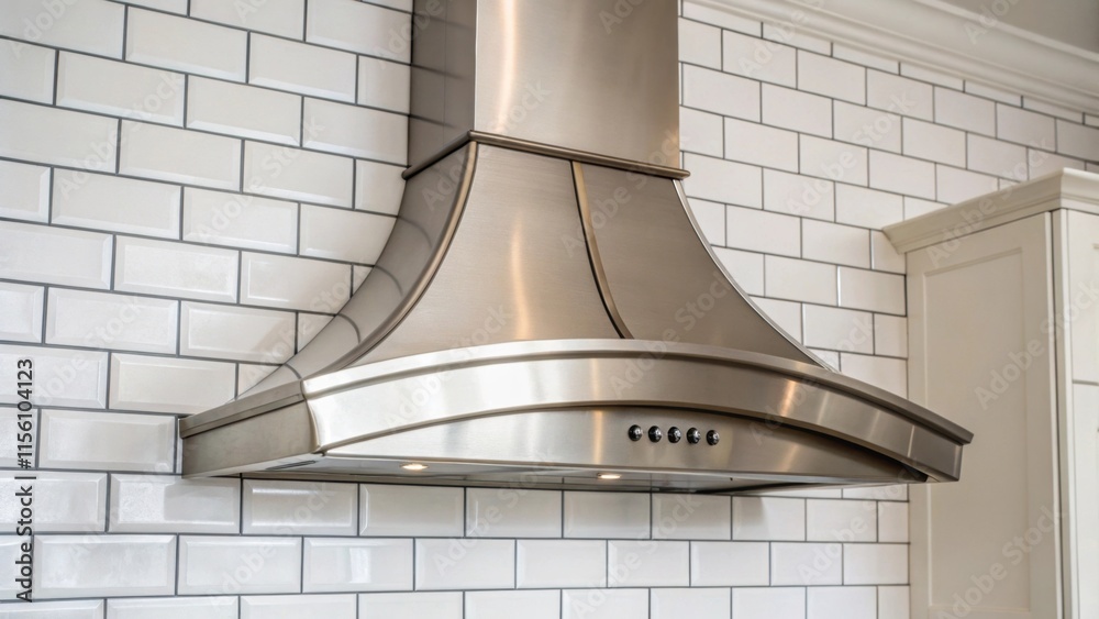 Poster closeup of the kitchen hood vent featuring a seamless brushed finish and elegant curves positioned o
