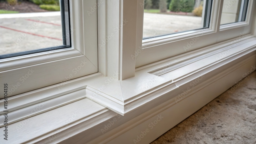 Poster Closeup of the mitred joints at the corners of the window trim perfectly aligned and seamless exemplifying craftsmanship and attention to detail in the renovation process.