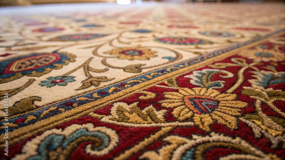 Poster Closeup of the carpets tightly woven fibers displaying intricate patterns that hint at luxury with light cascading over it highlighting each tufts detail.