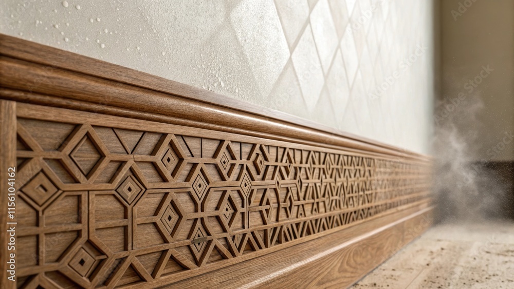 Leinwandbilder closeup of the edge of a stylized wood panel featuring geometric outs set against a section of the w
