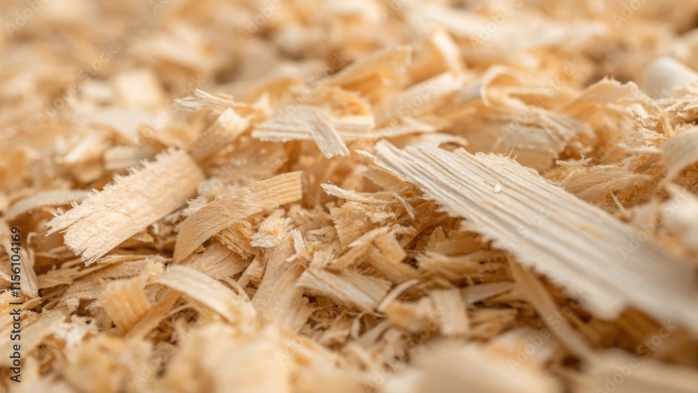 Aufkleber Closeup of rough textured wood fibers intertwined with a focus on the soft cream and tan colors of the shavings revealing the intricate patterns of grain caught in the fragments.