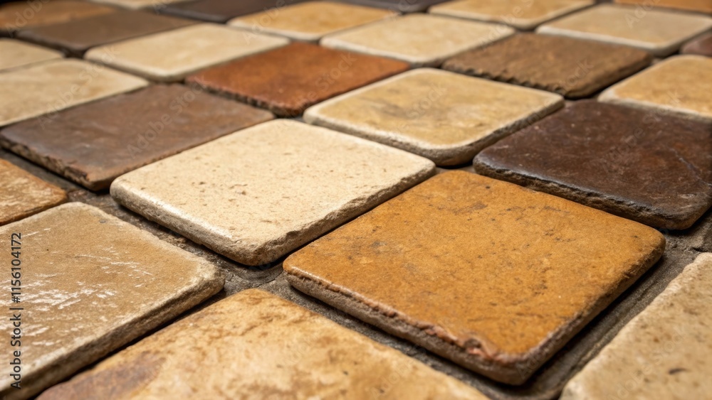 Poster Closeup of rustic ceramic tiles in various earth tones with uneven edges and a matte finish that evokes a farmhouse aesthetic connected by co dark grout.
