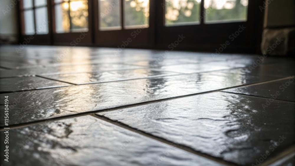 Poster Closeup of floor tiles their glossy surface reflecting a pool of light from the window showcasing the simple beauty of a blank slate.