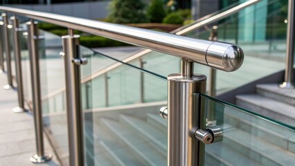 Closeup of the polished metal posts supporting the glass railing showcasing the sleek design against the pristine clarity of the glass.