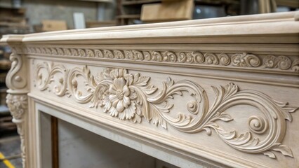 Obraz premium Closeup of the mantels intricate carvings revealing delicate floral motifs and scrollwork waiting to be accentuated with a light stain or paint.