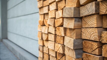 Closeup of the gaps between stacked lumber revealing intricate patterns and forms created by the different thicknesses of the wood all against a backdrop of muted wall color.