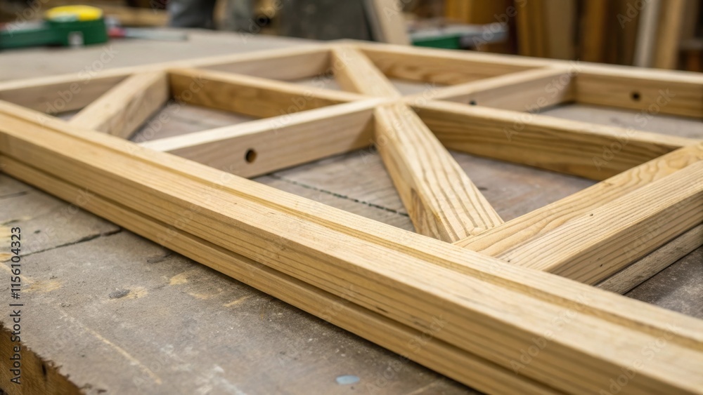 Poster Closeup of a partially installed wooden frame with visible gaps between the pieces capturing the sense of an ongoing project that merges traditional craftsmanship with modern