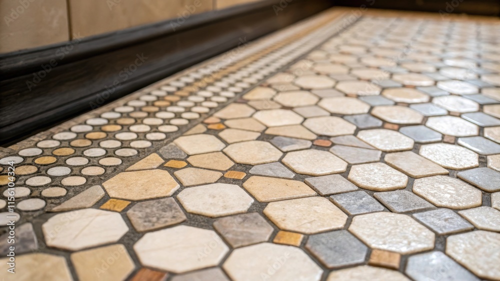Aufkleber Closeup of a mosaic pattern on the bathroom floor where small hexagonal tiles create a lovely interplay of muted tones and the contrasting dark grout enhances the intricate design.