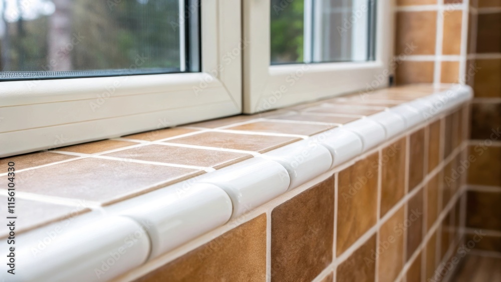 Poster Closeup of a meticulously finished window sill where the bright white grout contrasts with the earthy tones of the tiles invoking a sense of freshness and renewal.