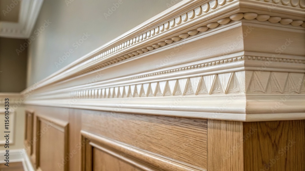 Aufkleber Closeup of a meticulously crafted section of decorative molding along an upper wall edge with the camera focusing on the precision of the joints and the smooth transition between