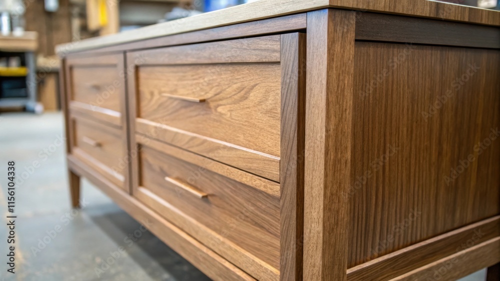 Poster Closeup of a lower cabinet frame with a slightly darker wood finish showcasing the smooth surface angular edges and the promise of ample storage just waiting for drawer fronts.
