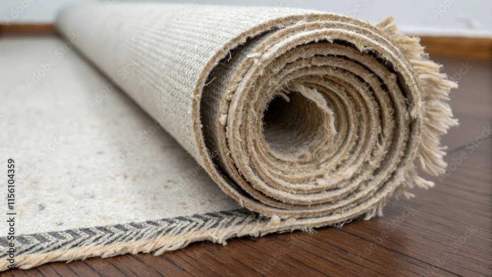 Poster Closeup of a frayed edge on the carpet padding roll signifies a recent unrolling