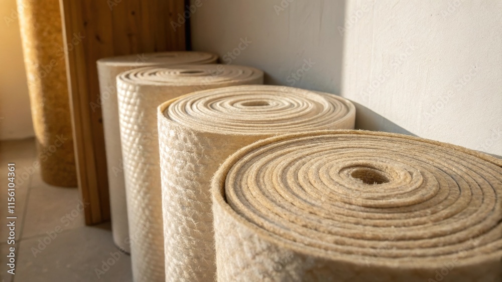 Aufkleber closeup focus on a corner of the room where several rolls of insulation are meticulously p their tex