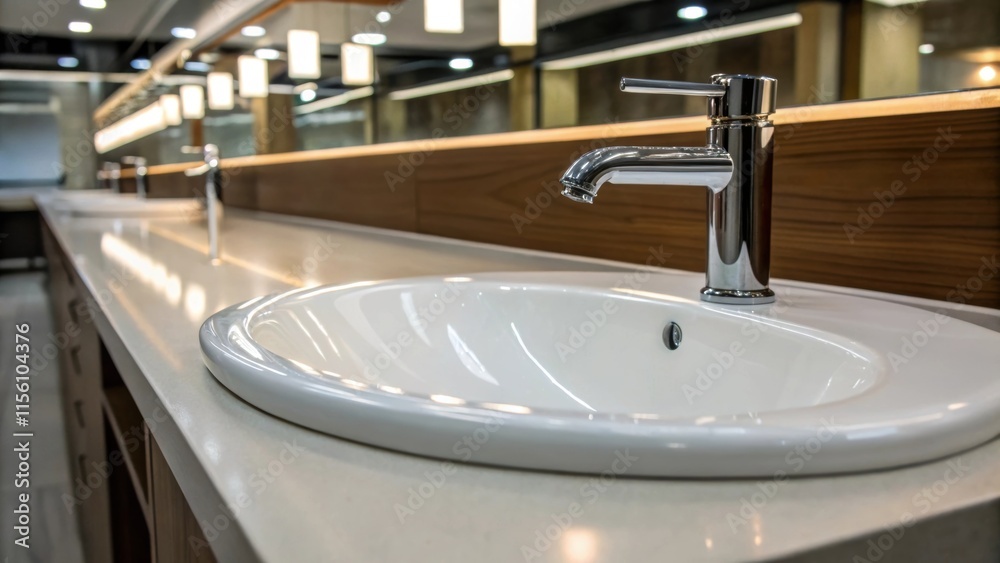 Fototapete closeup of a modern sinks curved edges with a pristine basin that shines under the overhead lights a