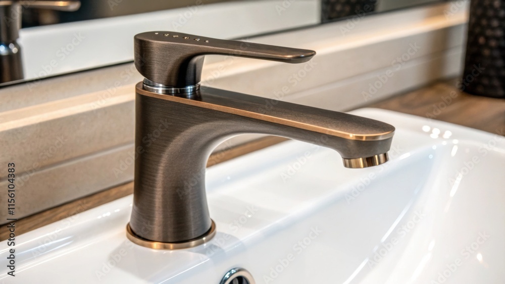 Poster closeup detail of the faucet handle showcasing its ergonomic shape shines in high detail against the