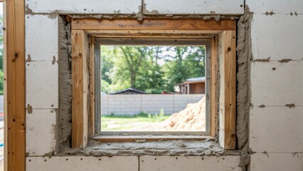 Closeup of a rough window opening where the edges of the framing are slightly uneven and splashes of fresh drywall mud are visible emphasizing the workinprogress nature of the