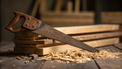 Closeup of a rustic saw resting on a stack of lumber with wood shavings tered on the floor echoing the sounds of craftsmanship.