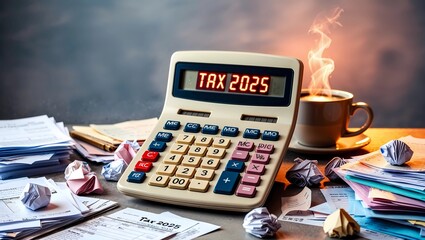 A cluttered desk with a worn, beige calculator displaying "Tax 2025" in bright, red LED numbers, surrounded by scattered piles of tax documents, forms, and receipts in various pastel shades