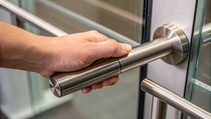 Obraz premium Closeup of a hand gripping the brushed metal handle of the glass divider highlighting the tactile experience of the materials in the renovation process.