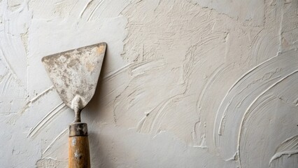 Closeup of a freshly smoothed plaster wall with faint tool marks creating a subtle pattern. A weathered trowel rests in the foreground its handle slightly dusty contrasting with