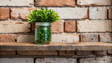 Closeup of a mason jar full of vibrant greenery sitting on a rustic shelf set against the backdrop of a weathered brick wall that complements its earthy appeal.