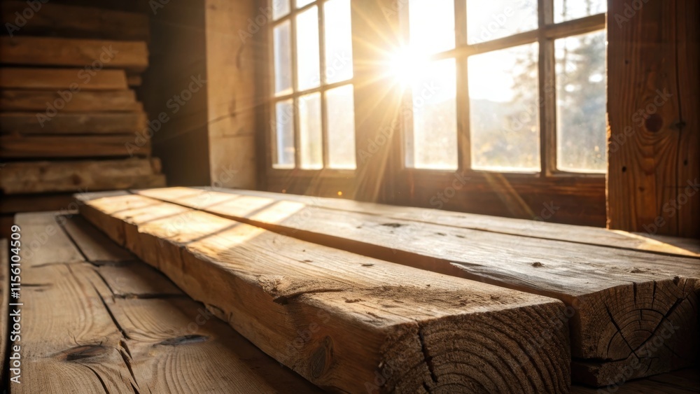 Poster bright sunlight streams through a nearby window illuminating the surface of aged wood pieces highlig