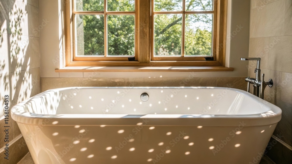 Aufkleber Bright natural light streams in through a nearby window casting playful shadows on the surface of the newly installed bathtub creating a gentle inviting glow.