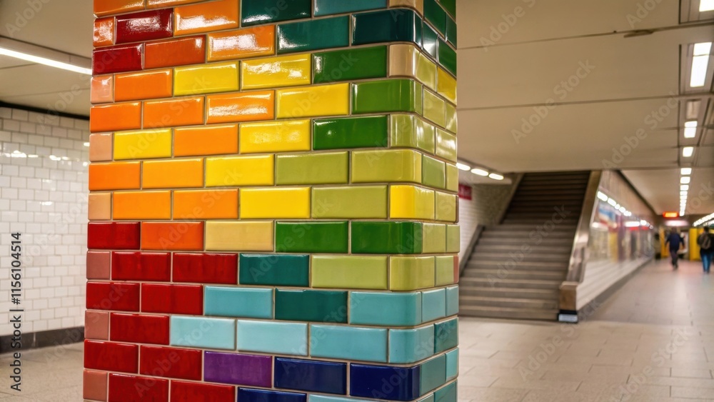 Poster brightly colored subway tiles each one glistening in the soft light form a leaning tower that promis