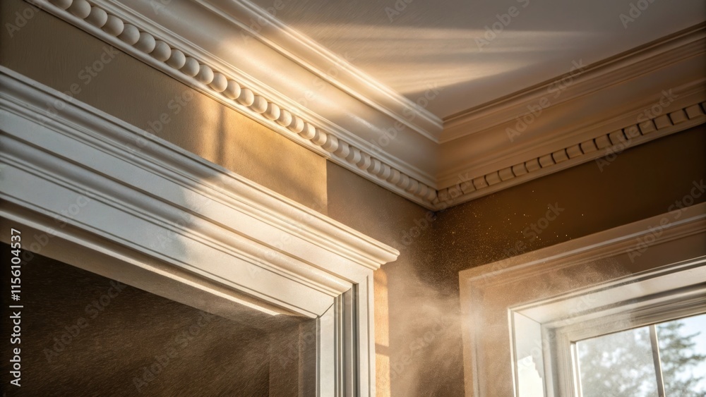 Poster A zoomedin view of the corner where the crown molding rests reveals dust motes dancing in the sunlight adding a touch of warmth to the awaiting renovation.