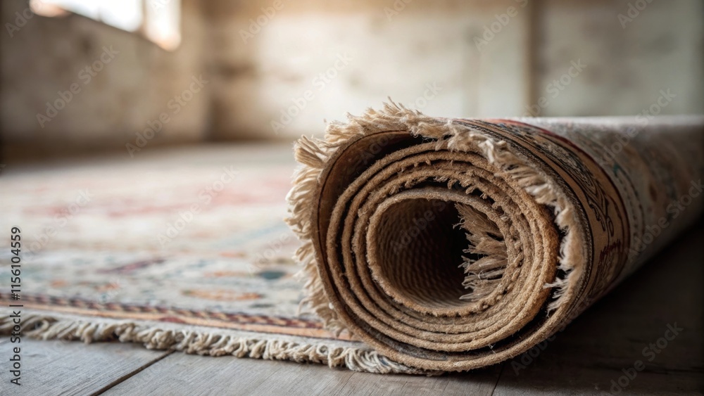 Aufkleber a zoomedin shot focusing on the frayed edges of a vintage rug rolled and abandoned in the corner sym