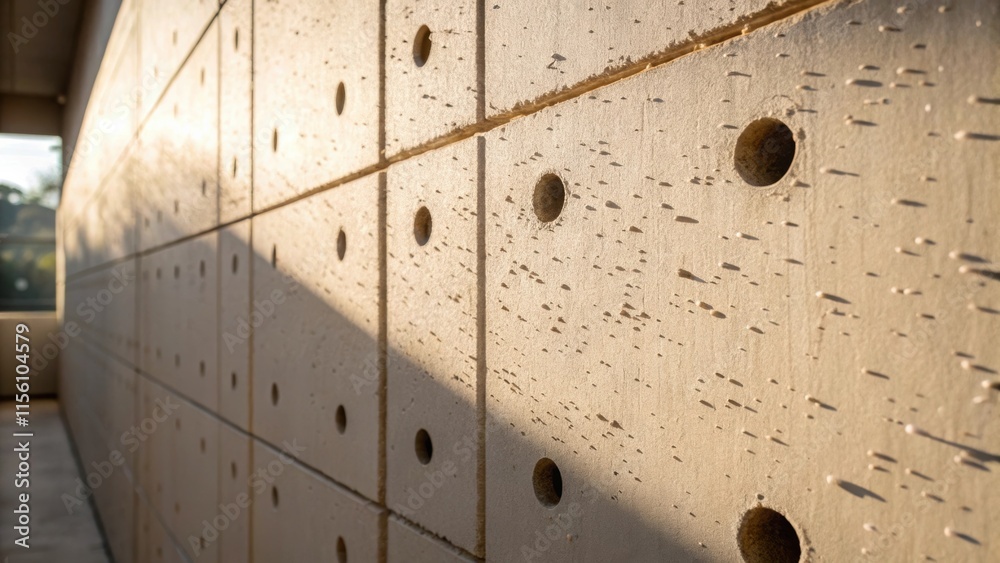 Aufkleber a zoomedin perspective of the wall showing a few holes gathering dust with a glimpse of natural ligh
