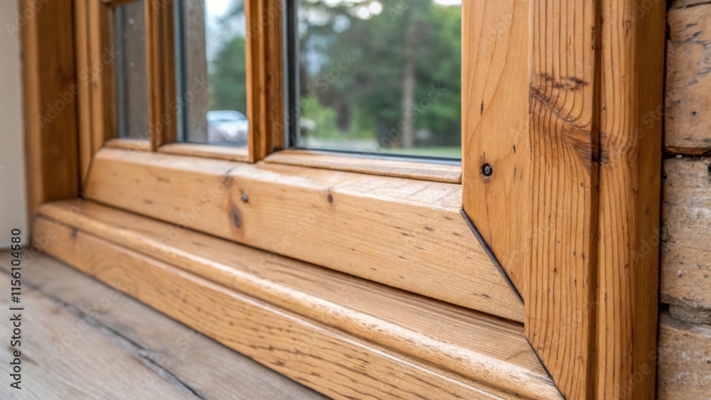 Poster a zoomedin snapshot of a stark window frame the wood showing its natural knots and imperfections whi