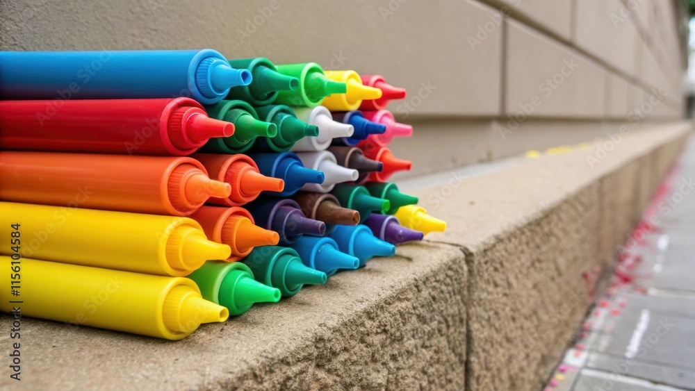 Poster a zoomedin perspective of colorful caulking tubes piled against a wall with some tubes tipped over c