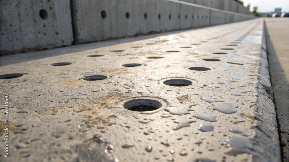 Aufkleber A zoomedin shot revealing water stains on the rough concrete with drainage holes p strategically throughout suggesting a space designed for both functionality and aesthetic appeal.