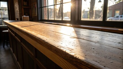 Bright morning light streams through a nearby window illuminating the rough unfinished edges of the bar counter where sanding marks are still visible on the surface.