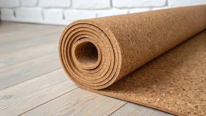 Being slightly curled at the top the cork roll offers a view of the unrolled surface showcasing its inviting texture and inviting patterns ready for installation.