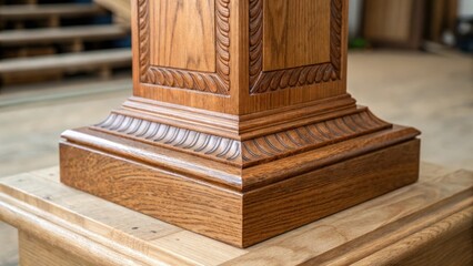 A zoomedin shot of a newel post base displaying its sy construction and the complex patterns of the wood grain while revealing the marks left by the initial ting.