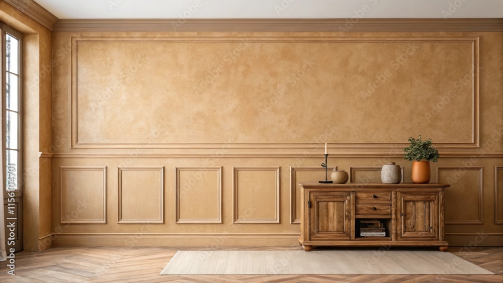 Poster a warm sandy beige accent wall adorned with minimalist design elements emphasizing the smooth paint 