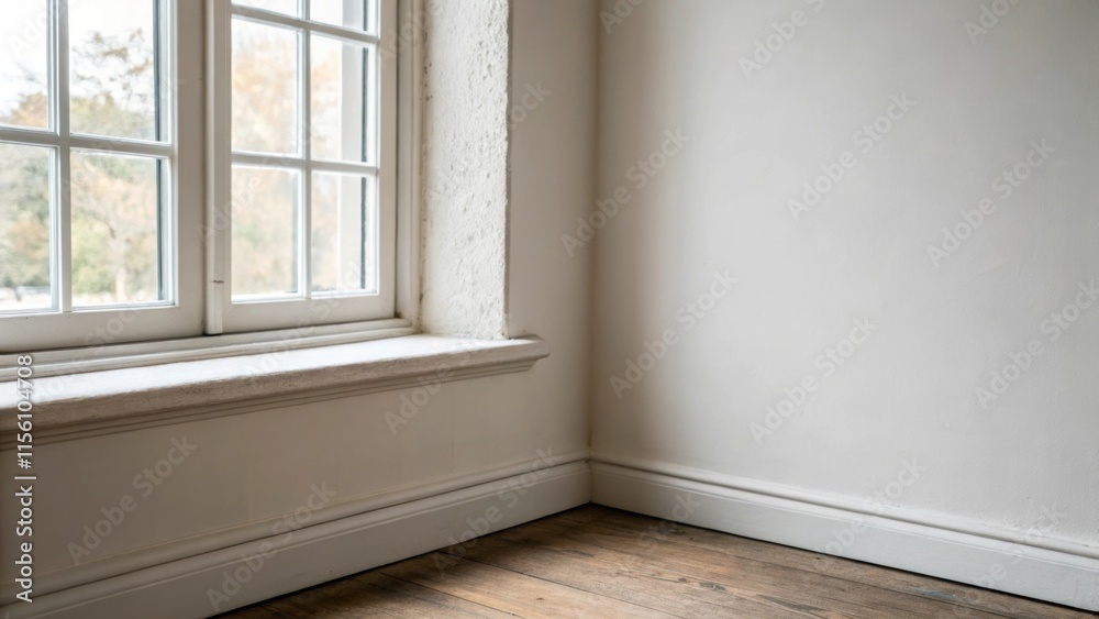 Poster A wall transitions to light where the edge of the window frame meets the untextured surface emphasizing the rooms minimalistic charm.