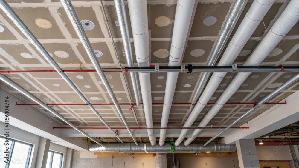 Aufkleber A view of the ceiling shows s of neatly arranged pipes and ducts with patches of incomplete drywall visible embodying the early stages of renovation with traces of potential.