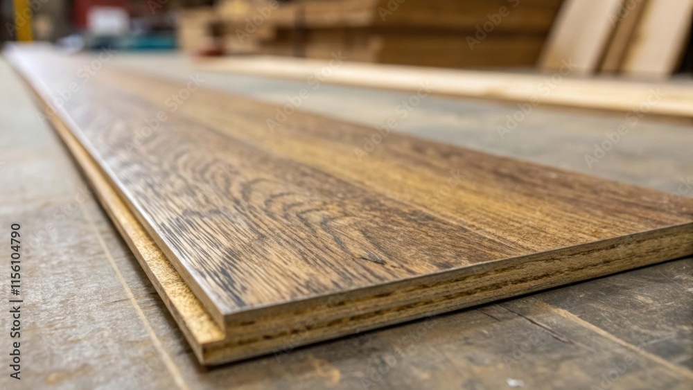 Poster a view of a single laminate plank showing off its textured surface and the rich hues of brown and be