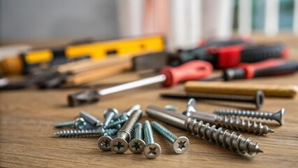A vivid snapshot featuring a handson arrangement of screws and fasteners in various stages of disarray evoking a sense of an ongoing renovation project with tools faintly blurred