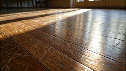 A view of fine scratches on the hardwood the texture visible in the sunlight creating a pattern of light and shadow across the surface.