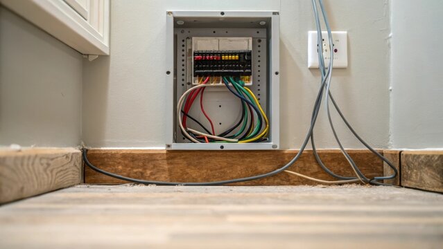 A view of the bottom of the electrical panel where wires s out and disappear into the wall hinting at the inner workings that power the reimagined living space with a sense of