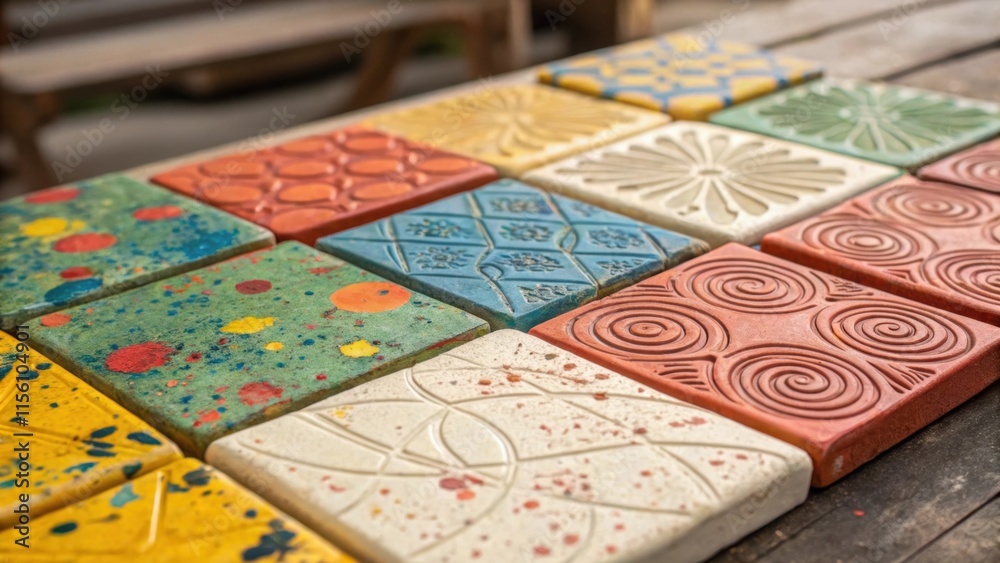 Poster a vibrant mix of handcrafted tiles adorned with abstract designs the closeup revealing the irregular