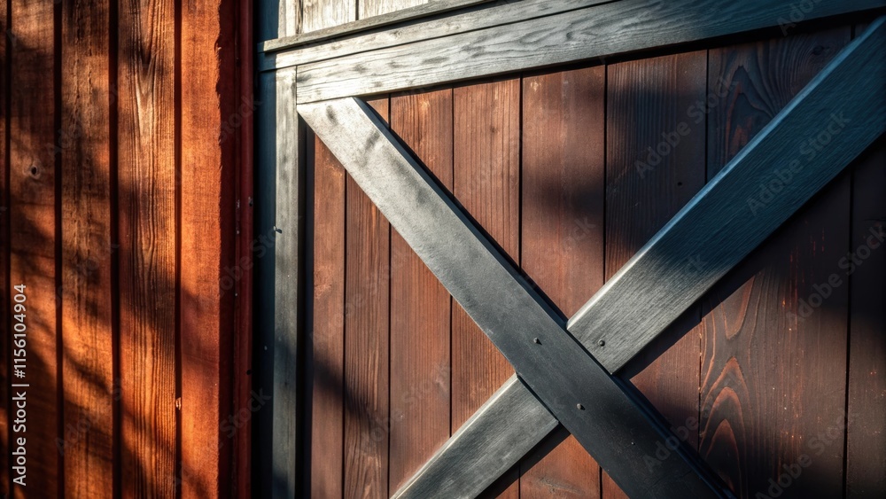 Poster a vibrant detail shot of the corner of the barn door focusing on the interplay of shadows and textur