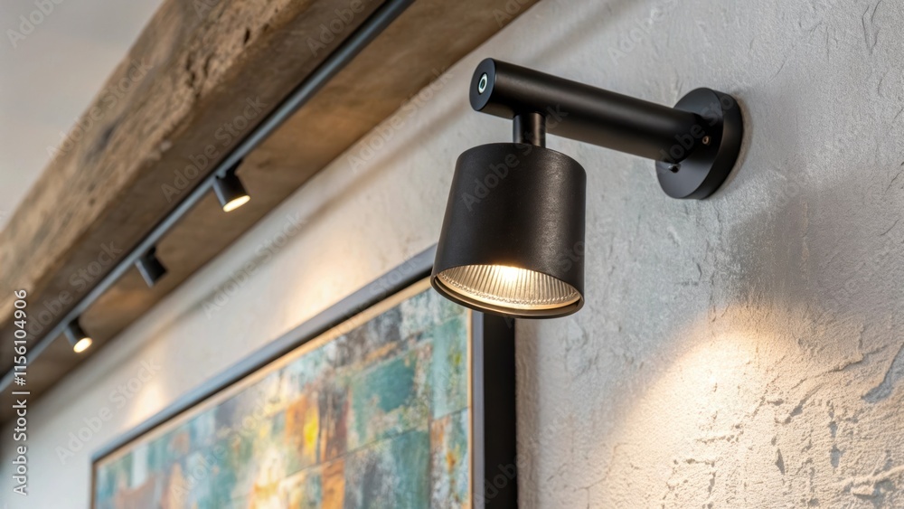 Poster a vibrant closeup of a matte black track light angled towards the wall highlighting a modern art pie
