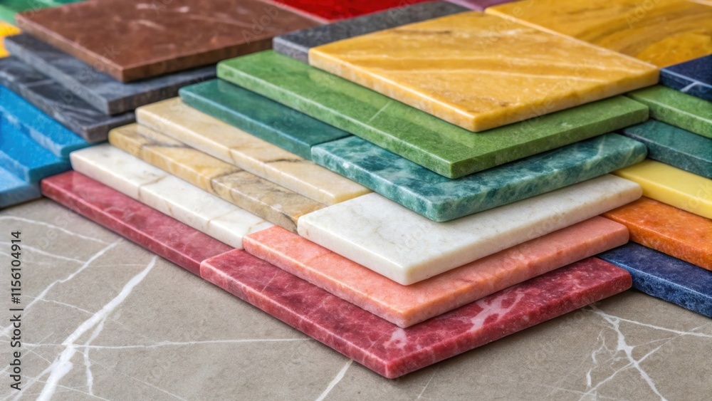 Poster A vibrant closeup of a stack of multicolored marble tiles displaying a rich tapestry of intertwined hues and textures layered in a playful yet sophisticated arrangement.