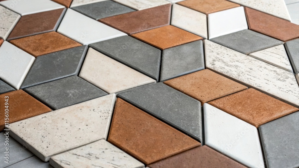 Aufkleber A unique arrangement of angular tiles with asymmetrical shapes in muted tones of gray brown and white creating an artistic and modern look through their randomness.