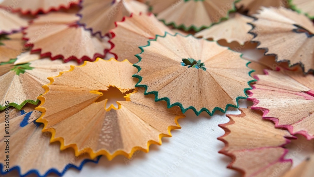 Aufkleber A vibrant assembly of small irregular wood shavings with jagged edges their surfaces marked by the subtle sheen from ting tools creating an organic mosaic against a stark